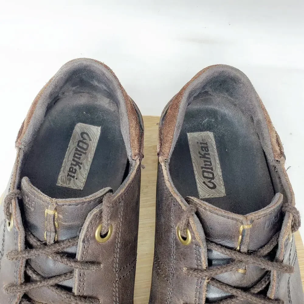 Olukai Hano Shoe Men 8.5 Brown Leather Oxford Slip On‎ Fold Down Heel WORN